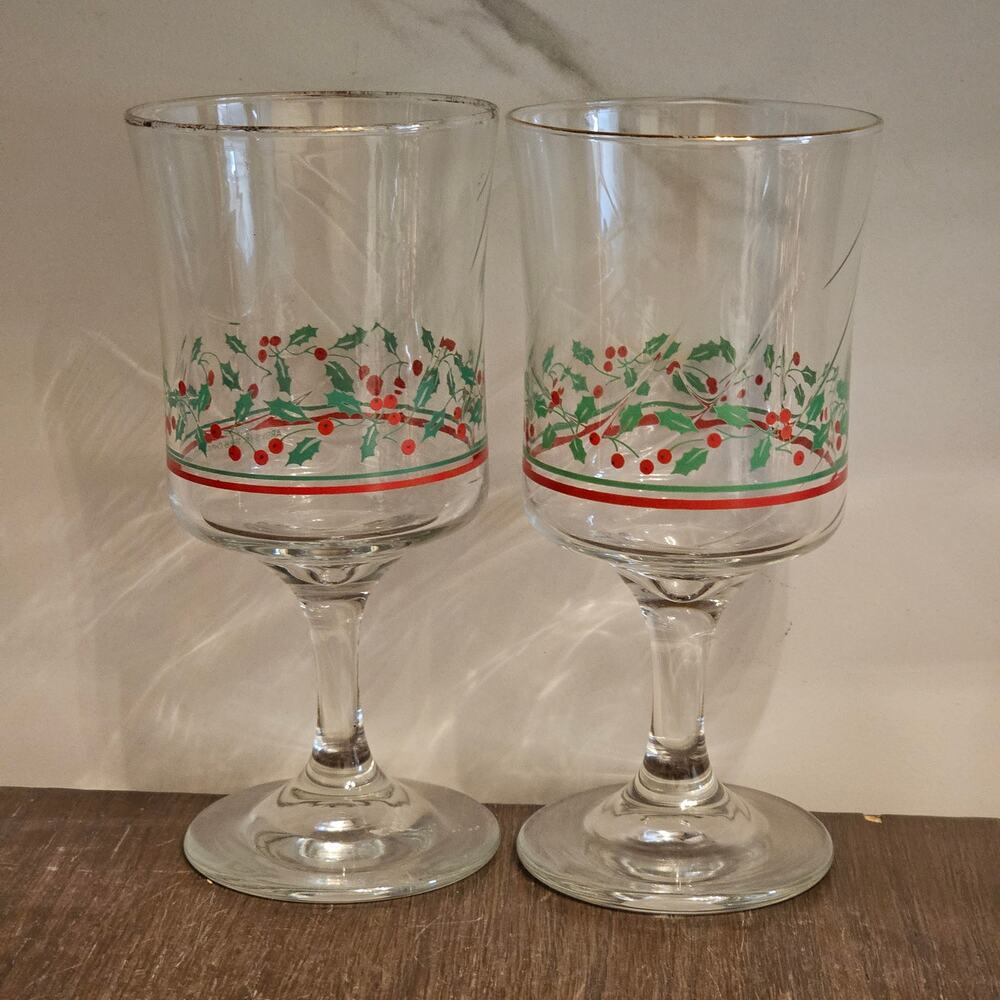 VTG Libbey Arby's Christmas Holly Berry Gold Trim 6 3/4" Tall Glasses Set 2